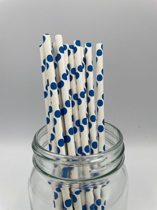 Paper Straw White W/ Blue Polka Dots