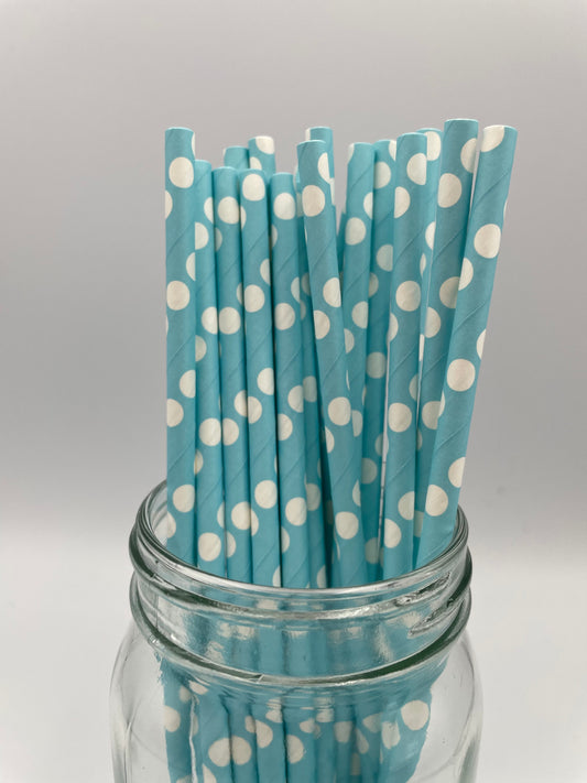 Paper Straw Light Blue Large Polka Dots