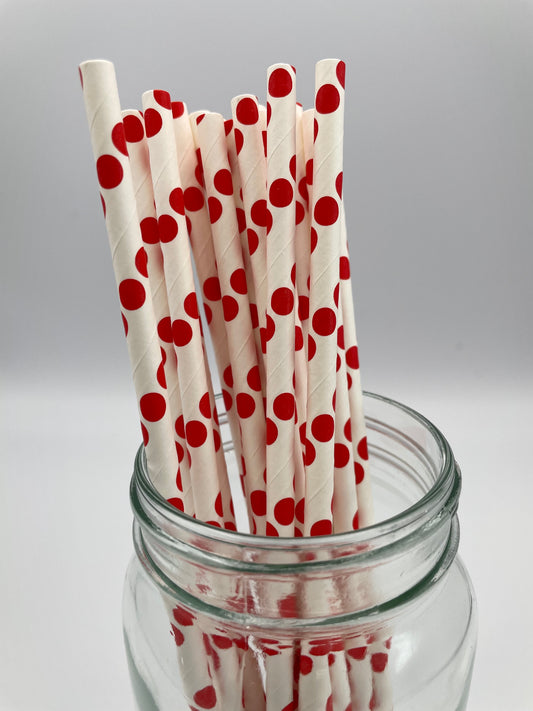 Paper Straw White W/ Big Red Polka Dots