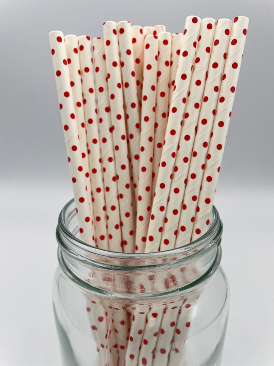 Paper Straw White W/ Red Polka Dots